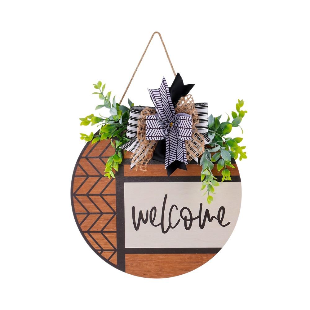 Wooden Door Wreath Artificial Plant Wall Art Creative Welcome Sign Porch Decor