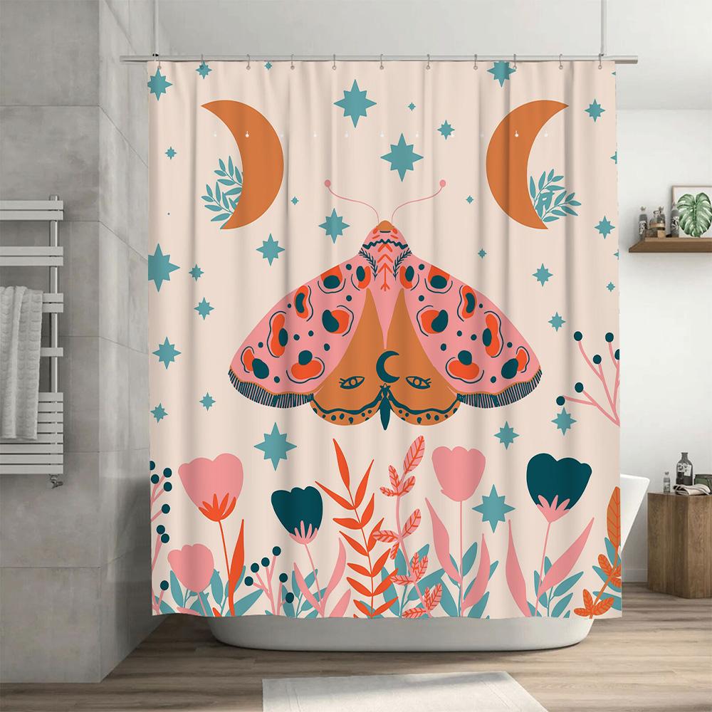 Modern Bathroom Decor: Pink Butterfly Shower Curtain Set With Moon And Stars Print Blue Flowers And Leaves Design For Bathroom W