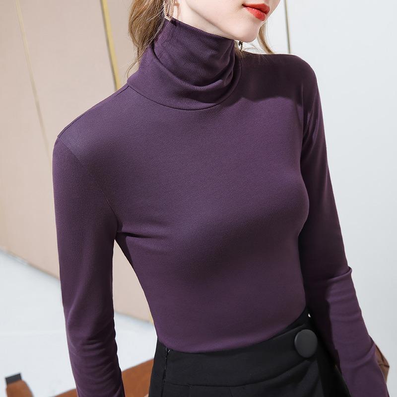turtleneck bottoming shirt women's clothing solid color thin velvet long-sleeved t-shirt warm inside with waist top temperament commuting