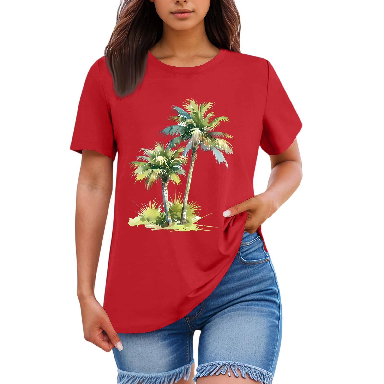 

Ladies Loose Comfortable Casual And Fashionable Hawaiian Plant Print Round Neck Short Sleeved Shirt M червоний