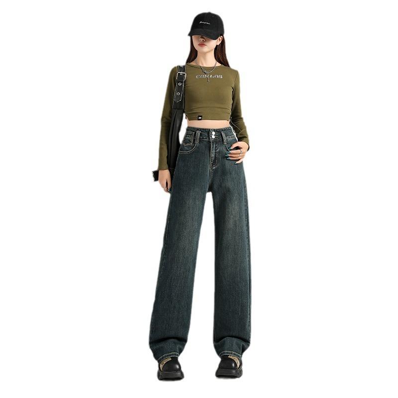 Wide-leg jeans women's spring and autumn new high-waisted thin velvet loose design hip-lifting straight pants