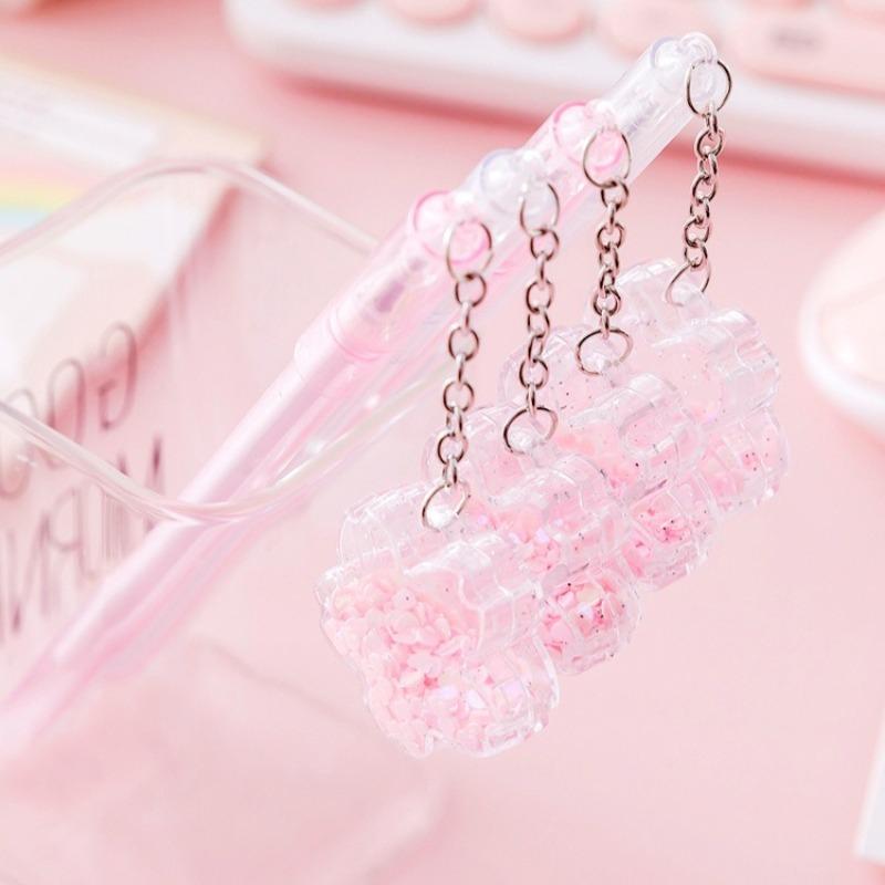 16 Pcs Wholesale Creative Pink Sequins Cherry Blossom Pendant Neutral Pen Lovely Flower Student Signature Pen Writing Supplies School Office Supplies