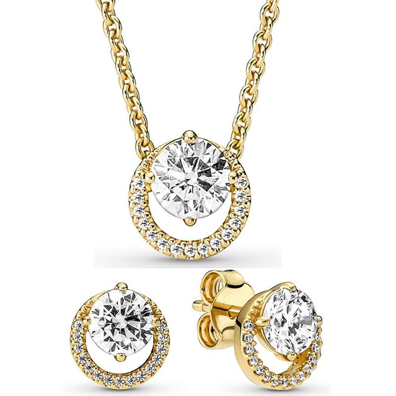 Authentic 925 Silver Golden Shine Sparkling Round Halo Earring Necklace With Crystal For Women Jewelry Set Gift
