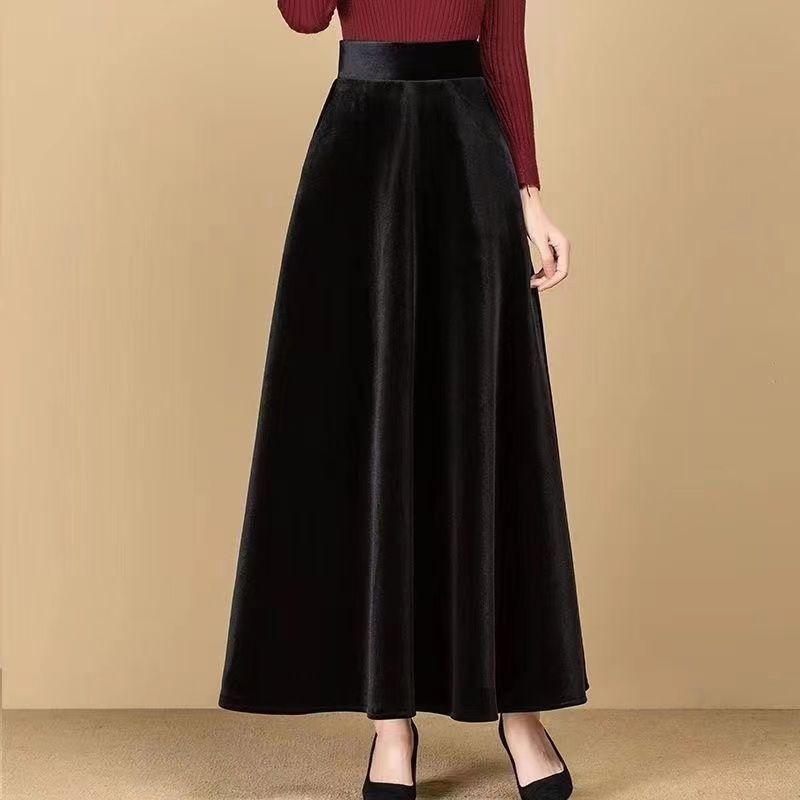 Autumn Women's Gold Velvet Long High-Waist A-Line Skirt Black