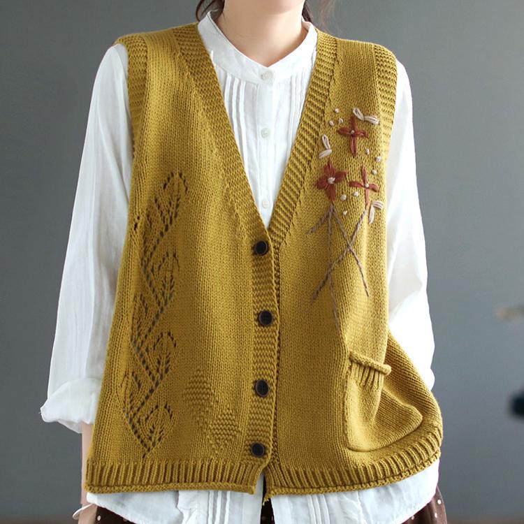 Colete suéter feminino solto retrô colete solto vazado bordado à mão malha cor sólida colete vintage