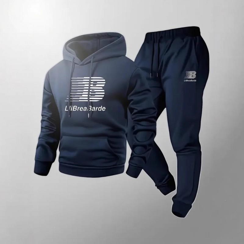Herren Buchstabendruck Kapuzen-Trainingsanzug Langarm Pullover Sweatshirt Kordelzug Laufhose Winter Freizeit Sportbekleidung