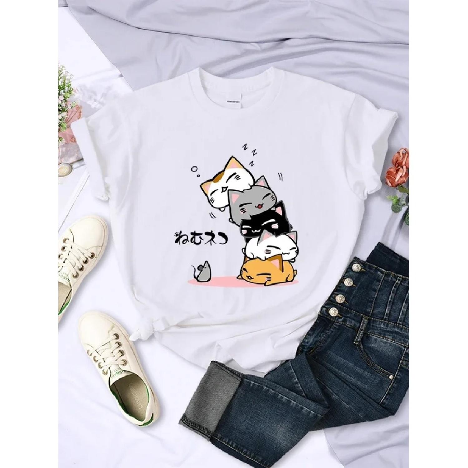 

Cute Stacked Cats Sleeping DonT See The Mouse Print Women T-Shirt Comfortable Soft Tops Creativity Fashion Womans Tee Clothing XXXXXL білий