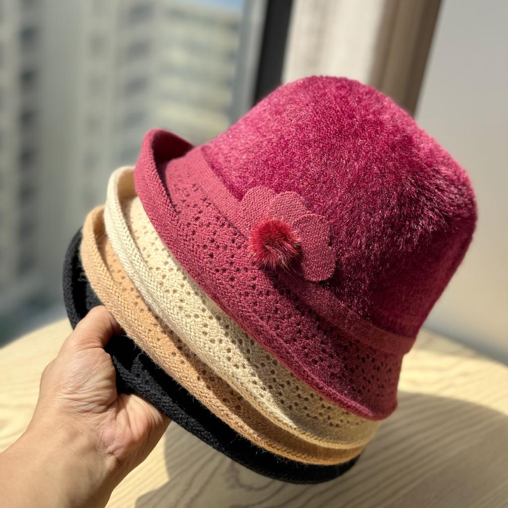 Autumn and Winter Woolen Women's Fisherman's Hat Korean Style Mother's Hat Plus Velvet Thick Warm Cotton Basin Hat for Middle Aged and Elderly People