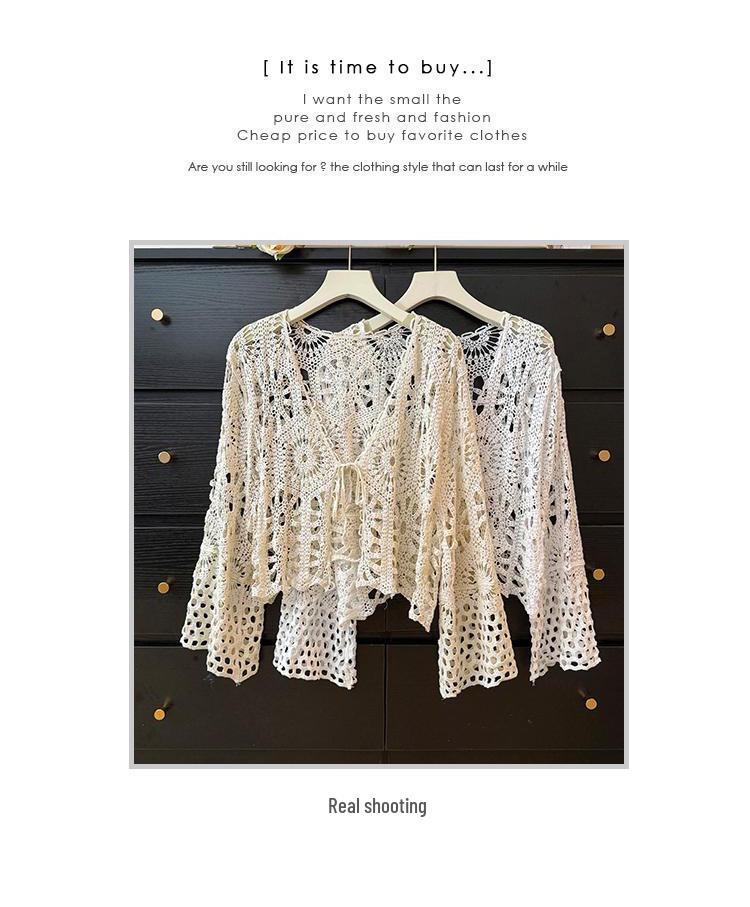 Bohemian Crochet Tie-Up Knit Cardigan - Women's Long Sleeve Sun Protection Top