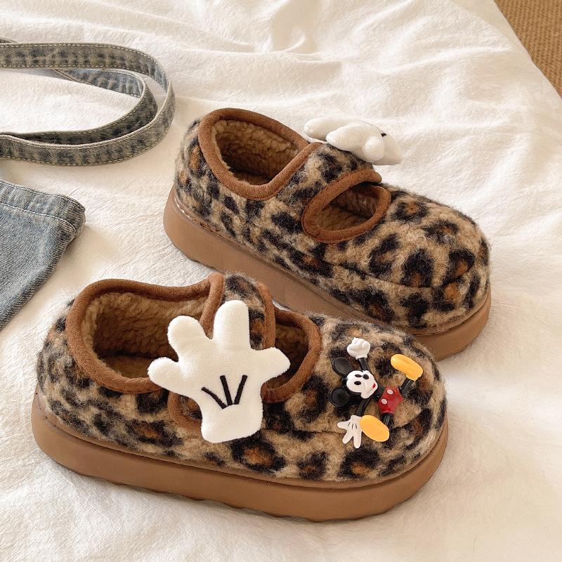 Casual Winter Warm Fluffy Shoes Plush Beanie Cotton Shoes 2025 Leopard Print Velcro Platform Mary Jane Bread Shoes