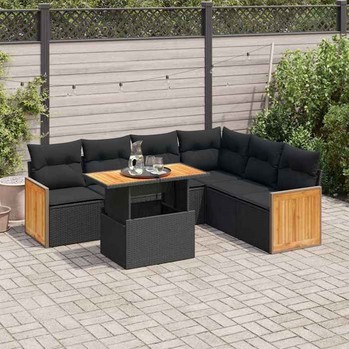 VidaXL Garden Furniture Set with Cushions 7 Pcs Black Braided Resin Acacia 3327716