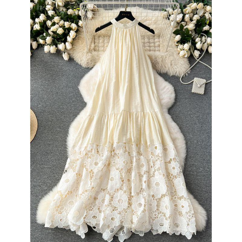 Light Luxury Minority Embroider Cut Out Lace Dress Halterneck