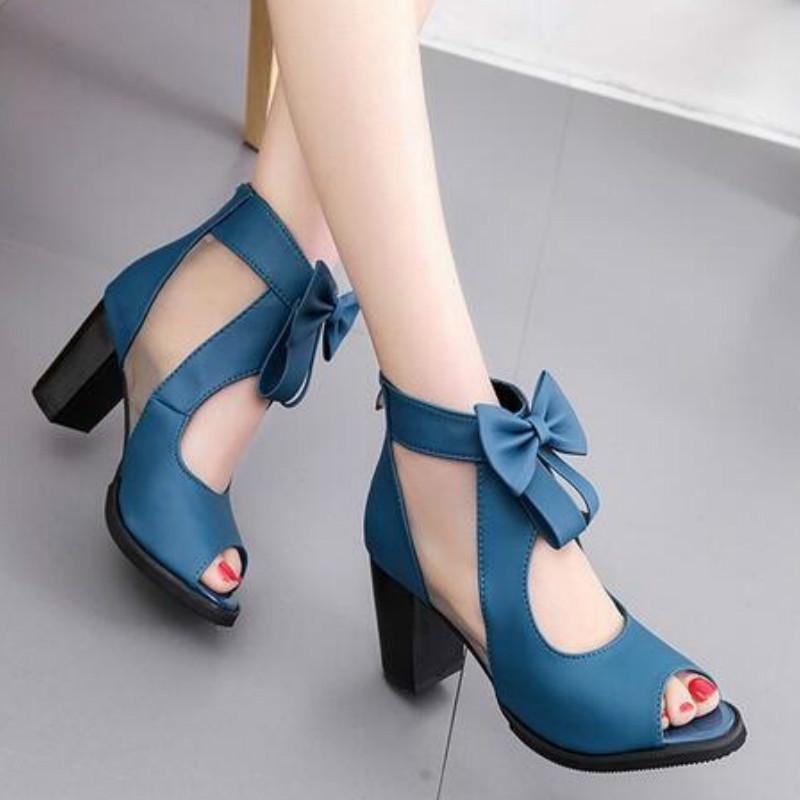 Kvinnor Loce Bowtie Dragkedja Chunky Heel Platform Skor Modepärlor Hollow Out Peep Toe Pumps