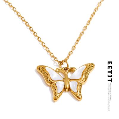 2025 Muschel Schmetterling Anhänger Halskette für Frauen Edelstahl Koreanischer Kragen Mode Wasserdichter Schmuck Geschenk