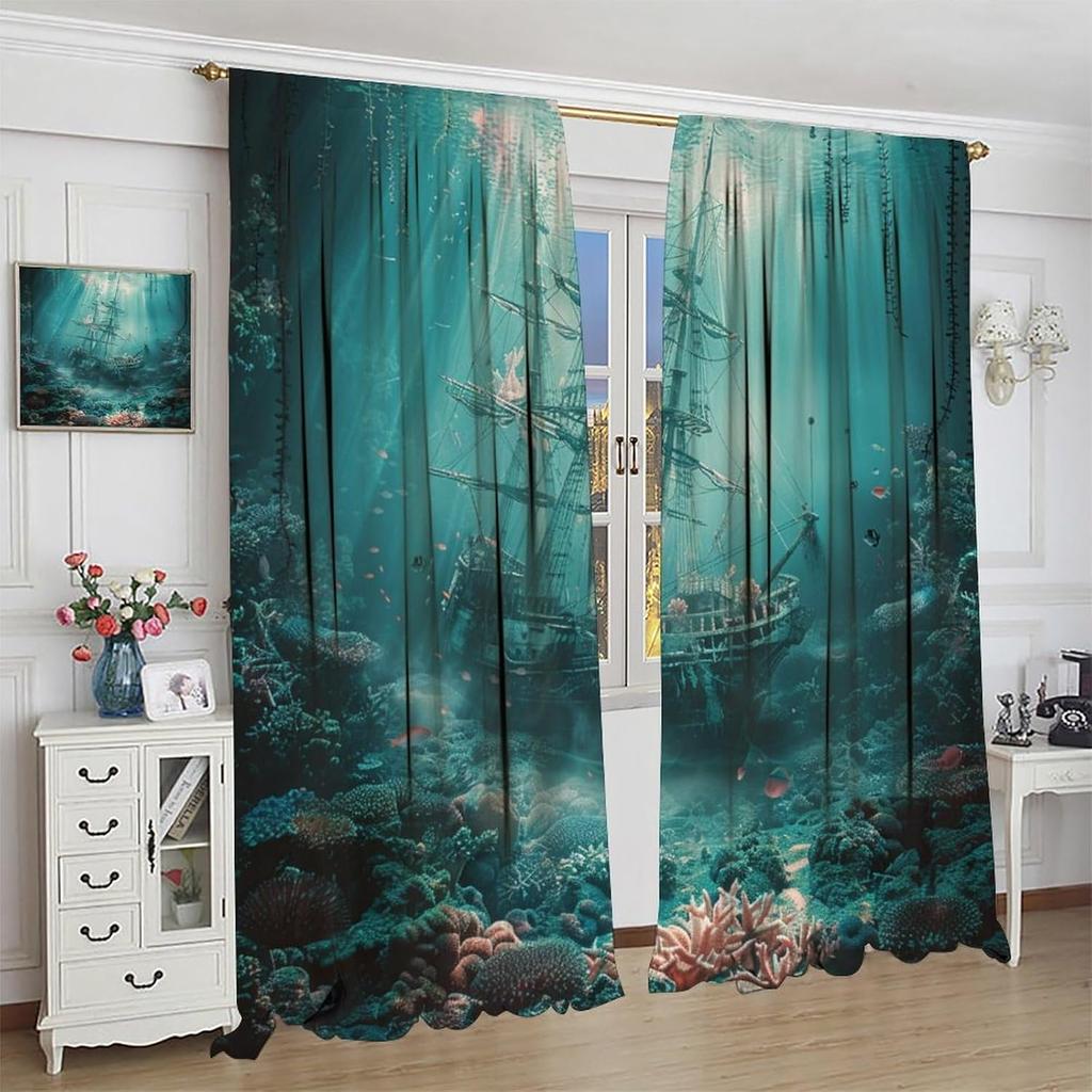 Mystical Ocean Shipwreck Blackout Curtains for Living Room Bedroom, Vintage Horror Pirate Ship Window Curtains Rod Pocket Thermal Insulated Window