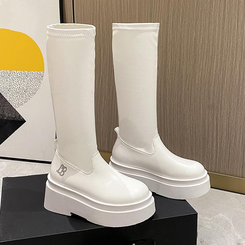 Small Man Height Increasing Thick-soled Boots Skinny Spice Girl Boots Women's Round Head Soft Leather Elastic Skinny Boots Knight Boots