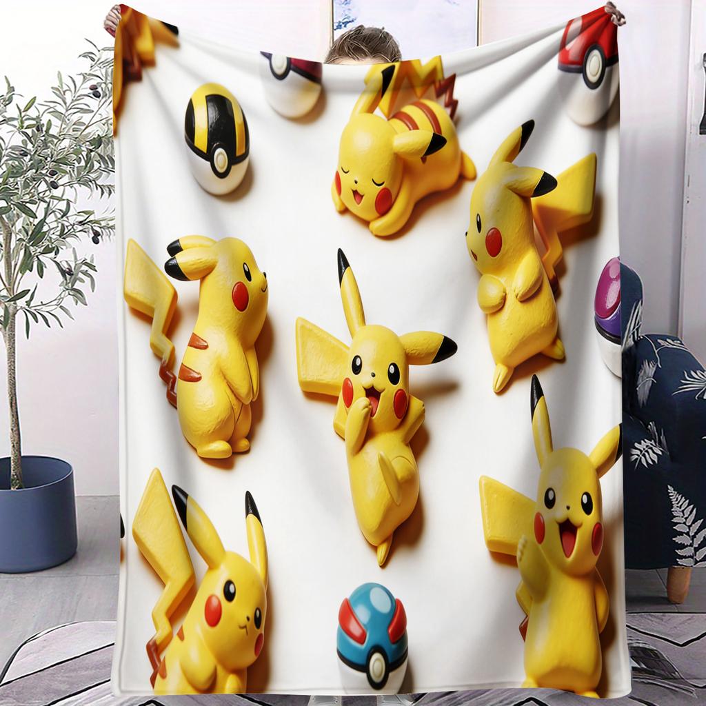 Cute Pokemon Pikachu AllOver Printed Flannel Throw Blanket Gift Winter Warm Blanket for Living Room Sofa Bed Camping Trip