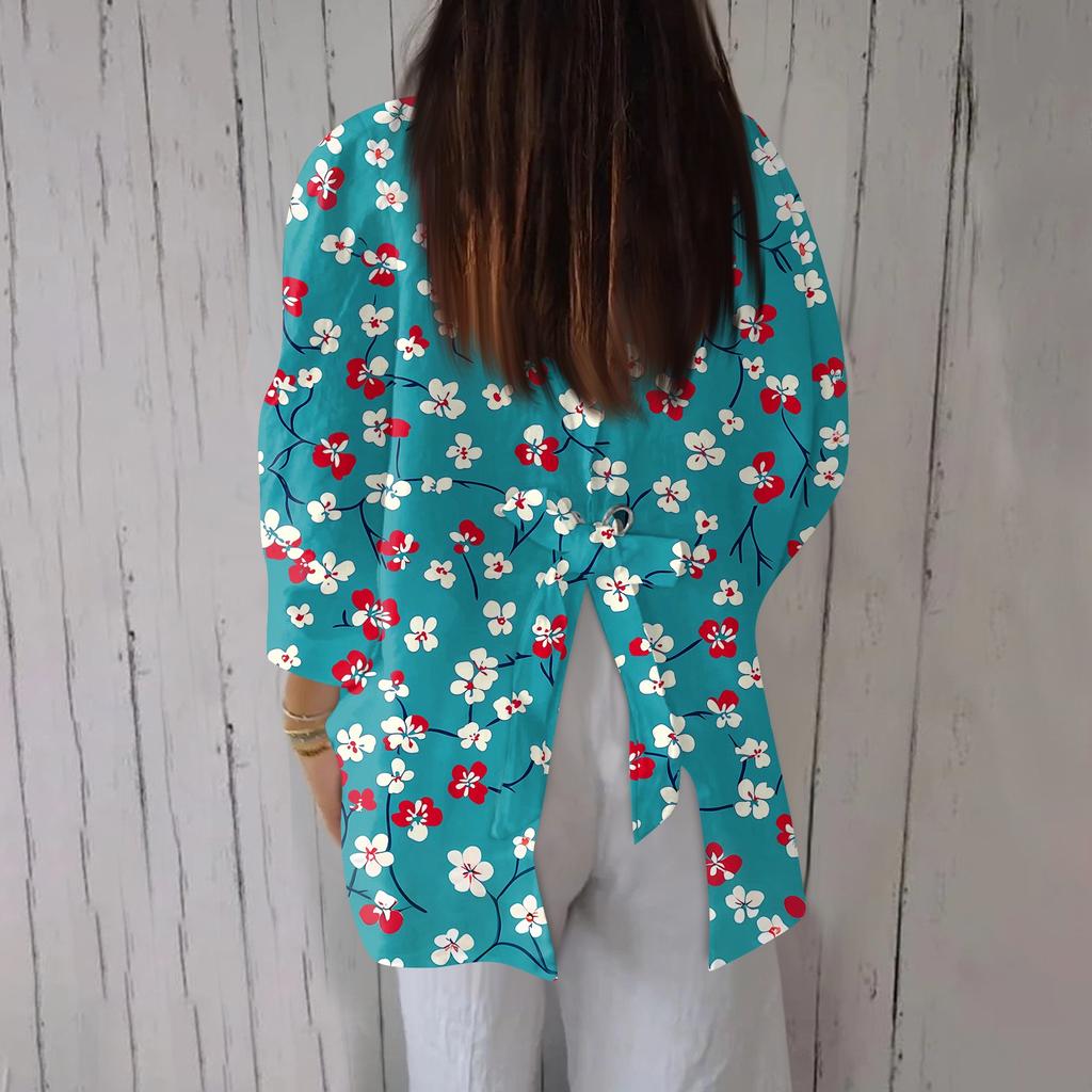 Women's Fashion Seven Sleeve Casual Lapel Back Tie Shirt Printed T-Shirt Top