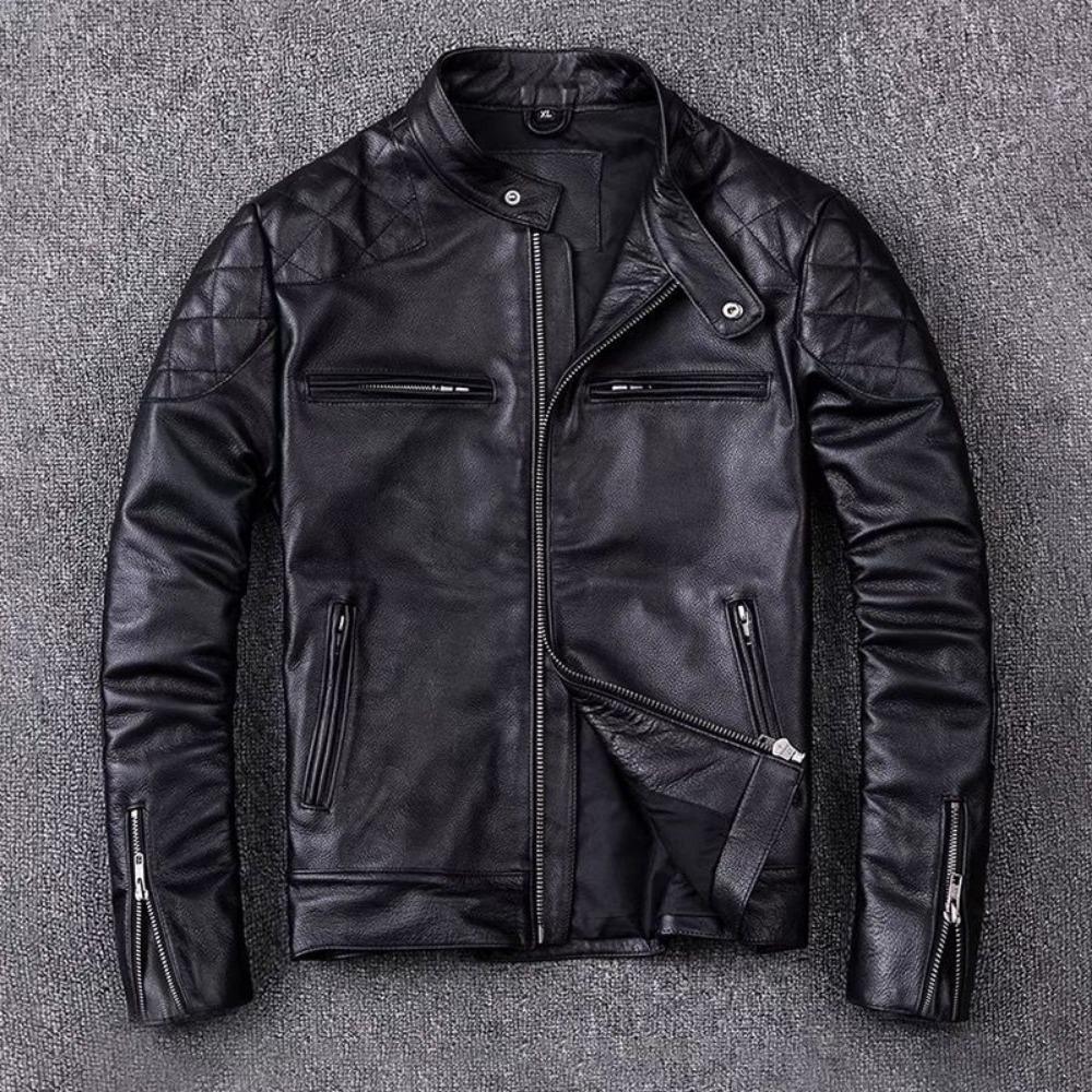 The First Layer of Cowhide Leather Jacket Men's Short Slim-fit Locomotive Stand-up Collar Leather Jacket Large-size Jacket