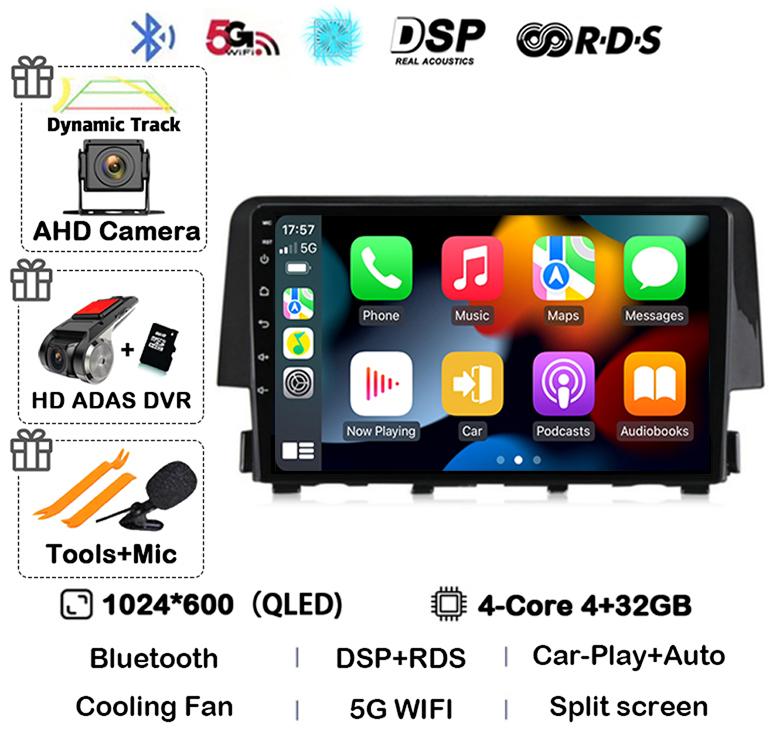 Android 14 Wireless Carplay Auto For Honda Civic 2016 2017 2018 2019 2020 Car Radio Stereo Multimedia Player GPS 4G+WIFI DSP