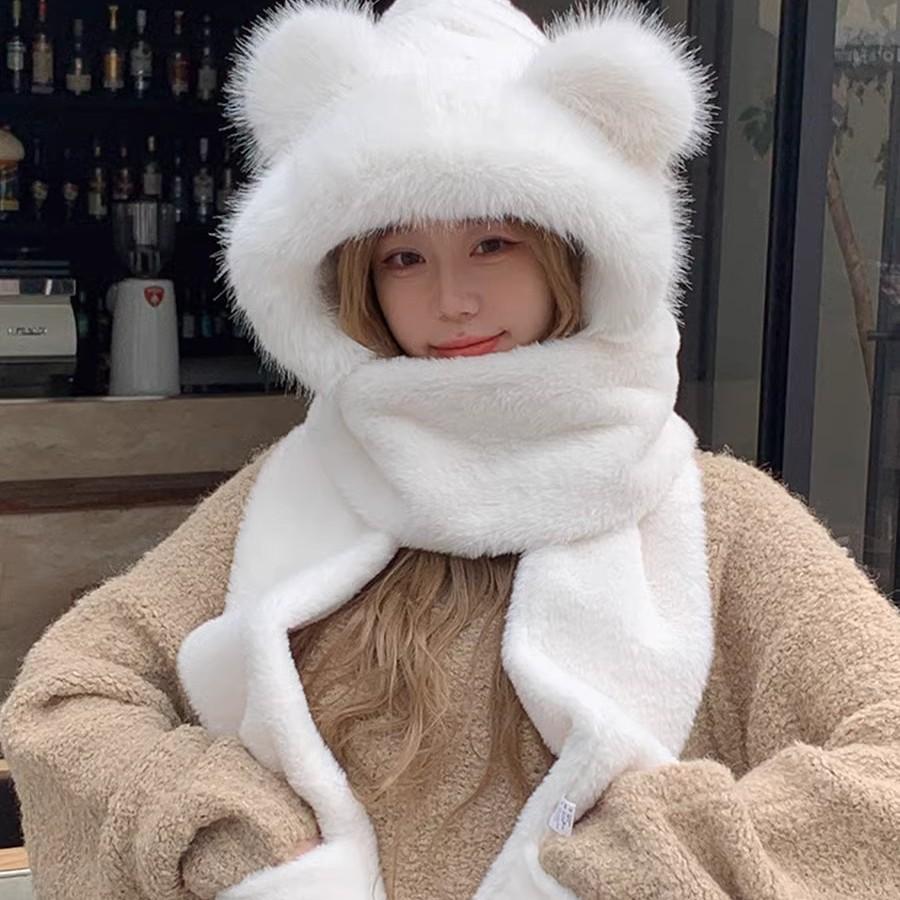 Korean Cute Plush Three-piece Set for Women's Autumn and Winter New Scarf Gloves Hat Integrated Plus Velvet Cold Proof and Warm Hat