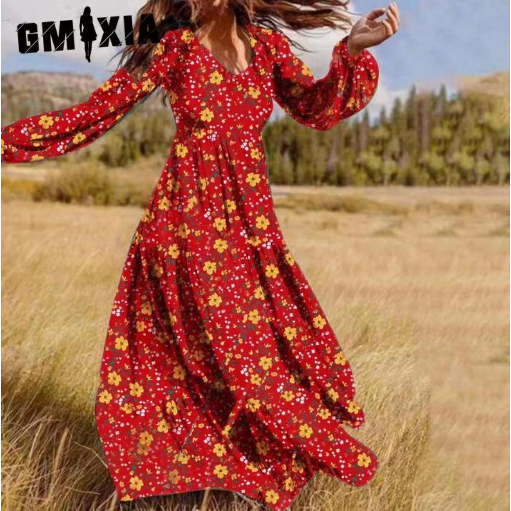 

GMXIA Женское мини-платье макси с оборками и цветочным принтом, повседневные платья с длинным рукавом и V-образным вырезом XXXL красный