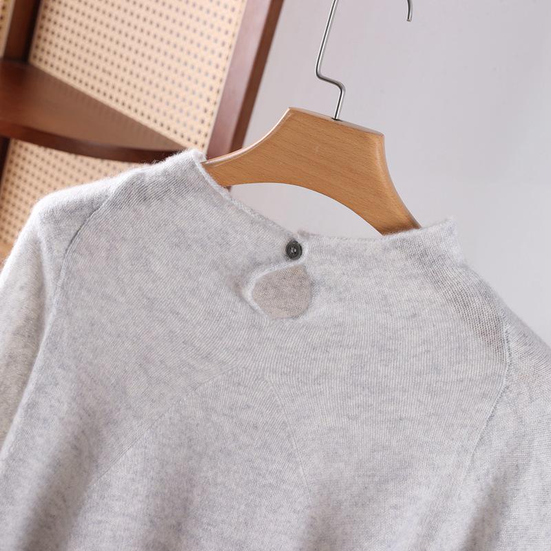 Women's Pure Cashmere Batwing Sleeve Pullover with Rolled Hem and Half-High Neck - Autumn & Winter Style
