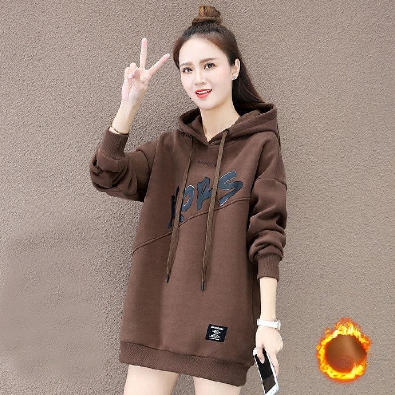 Обновленная женская толстовка из бархата, пальто средней длины, осенняя, в корейском стиле, свободного кроя, с капюшоном, больших размеров, женская одежда 3XL коричневый