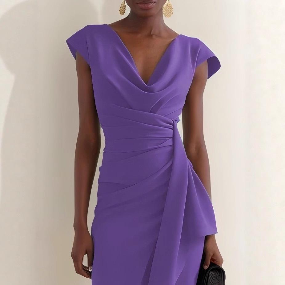 2026 Abito Formale Elegante con Collo a Mantella, Colore Unito, Manica Corta Pieghettata