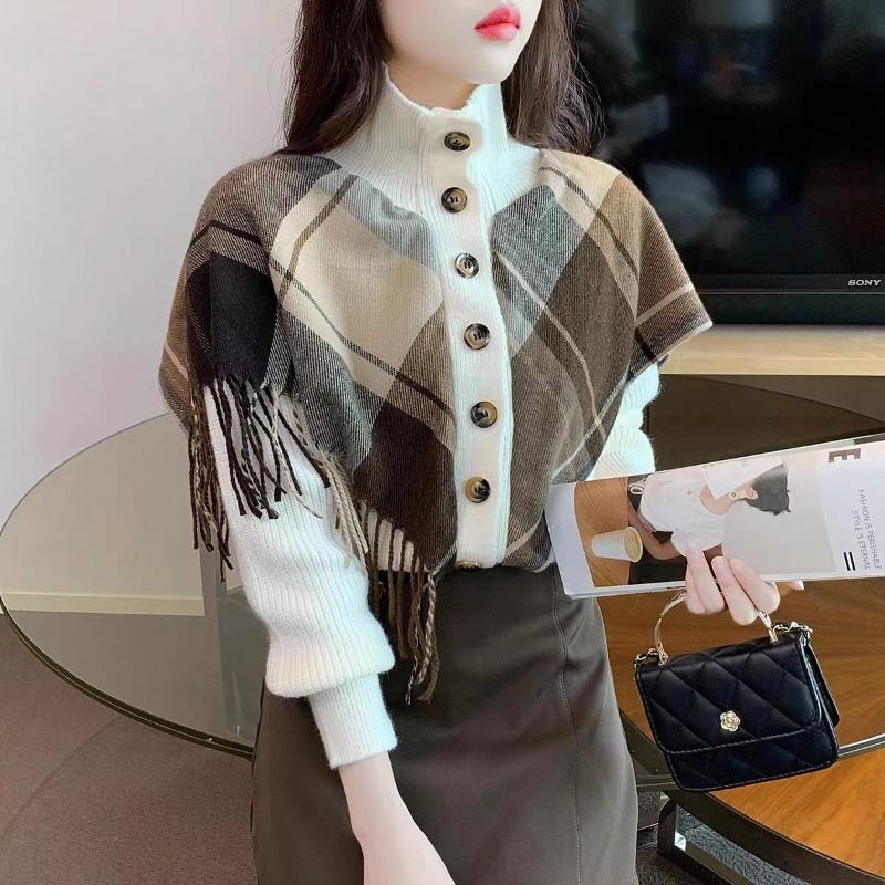 Autumn and winter new turtleneck knitted sweater design plaid fringed shawl fake two-piece knitted cardigan