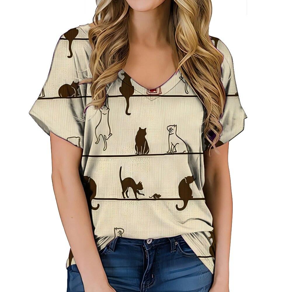 Fashionable Women's Clothing V-neck Kitten Print T-shirt Street Hot Selling Homestay Casual Top Summer Personalized Women Shirt