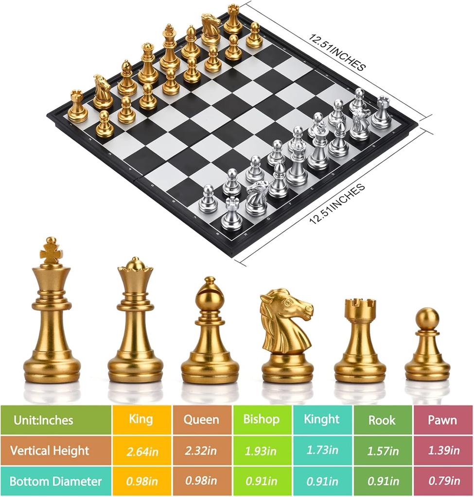 3-in-1 Magnetic Chess, Checkers, Backgammon Board Game Set, 12.5' Folding Travel Game for Kids & Adults (Gold & Silver)