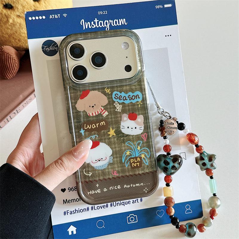 Plaid Scarf Design Case for iPhone 17, 16ProMax, 15, and 14 with Cat and Dog Theme.