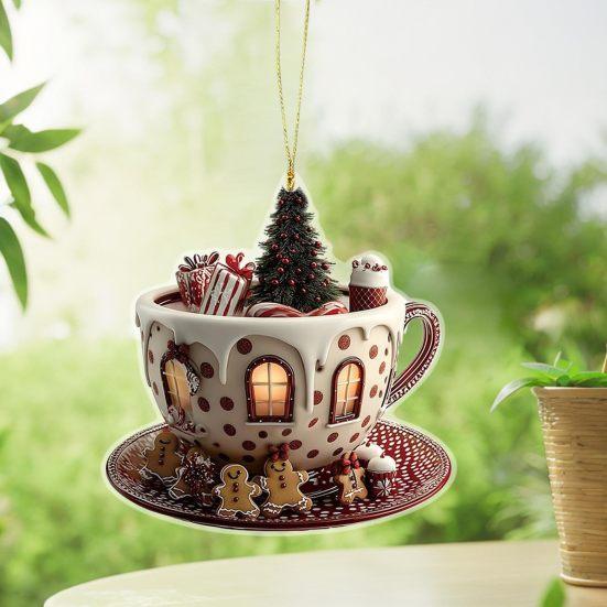 Yousheng 4 Pcs 2D Acrylic Christmas Ornament Cup Shaped Hot Cocoa Hanging Ornaments Snow Village House Xmas Tree Decoration for Tree Car Decor