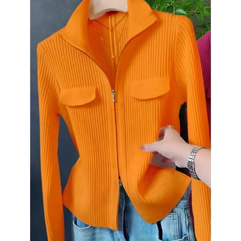 Fashion Zipper Short Knitted Cardigan Sweater Spring Autumn New Korean Versatile Coat Top Turn-Down Col Sweater Solid Color