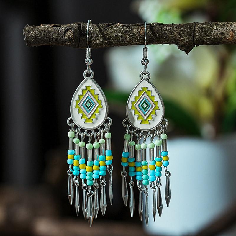 Vintage Ethnic Rice Bead Tassel Earrings for Women Small Simple Boho Drop Oil Silver Earrings Vacation Daily Jewelry