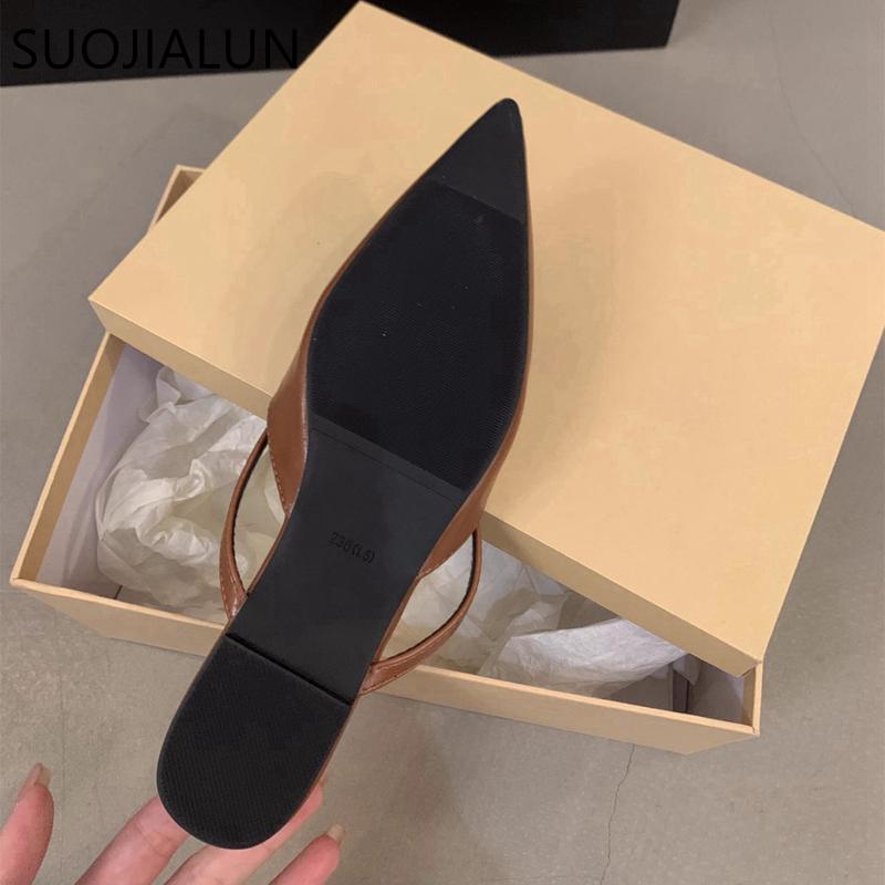 Fashion SUOJIALUN 2024 Summer New Women Flat Shoes Fashion Pointed Toe Slip On Mules Shoes Soft Flat Heel Outdoor Vaction Ladies Sandals