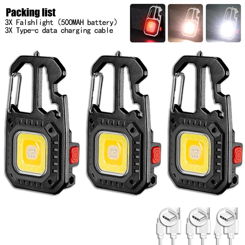 Mini Multifunctional Keychain LED Flashlight USB Rechargeable Portable Flashlight Outdoor Camping Torch Emergency Lantern 500Mah