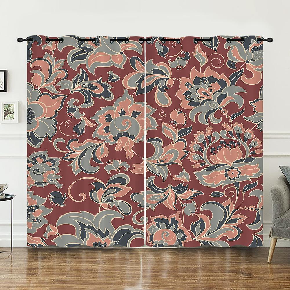 Curtains Court Pattern Retro Flower Curtain Digital Printing Blackout Curtain No Punching