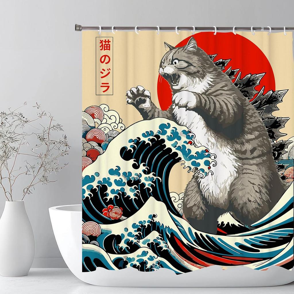 Japanese Cat Shower Curtain, Vintage Anime Sunset Wave Art, Waterproof Fabric With Hooks
