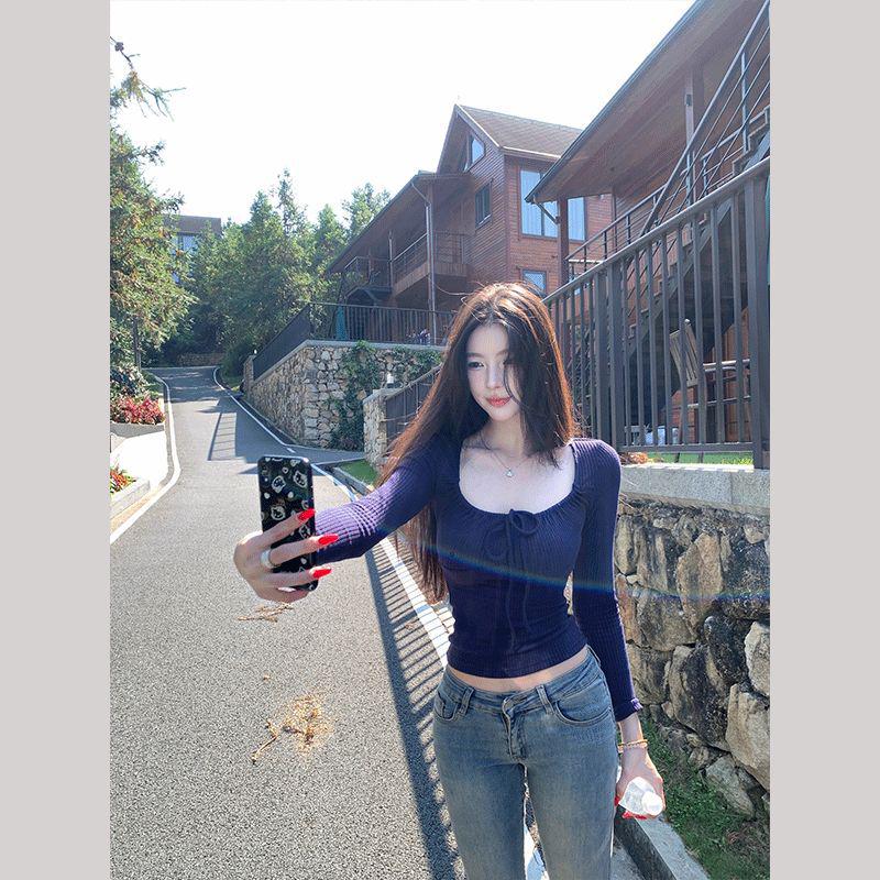 Trendy Coffee Square-Neck Lace-Up Long-Sleeve Women's Winter Top