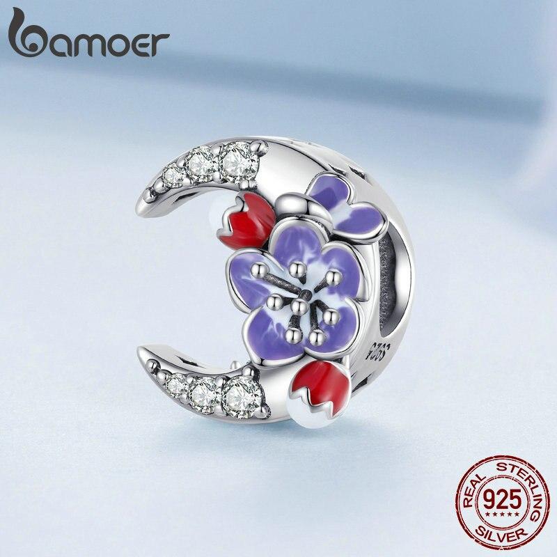 

BAMOER Стерлингового Серебра 925 пробы, фиолетовые эмалированные бусины с цветами и луной, подвески для браслета и браслета «сделай сам», женские ювелирные изделия 925 silver