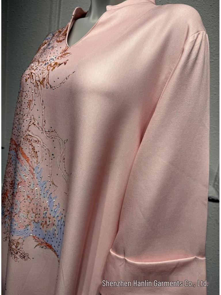 SM003 Muslimisches Jalabiya-Print-Langarmkleid mit Heißbohren - Damenbekleidung im Dubai-Stil