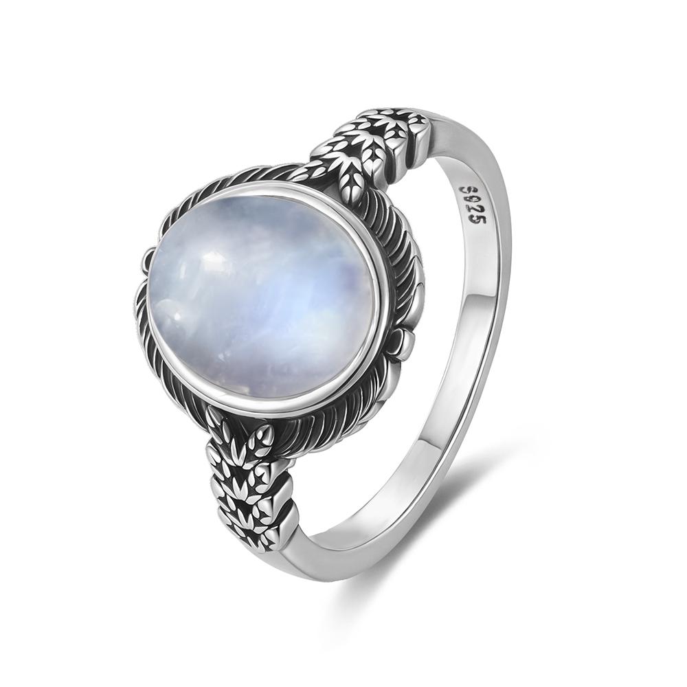 Vintage 925 Sterling Silver Natural Moonstone Rings Bohemia Oval Shape Retro Ring Gifts Fine Jewelry for Women Men