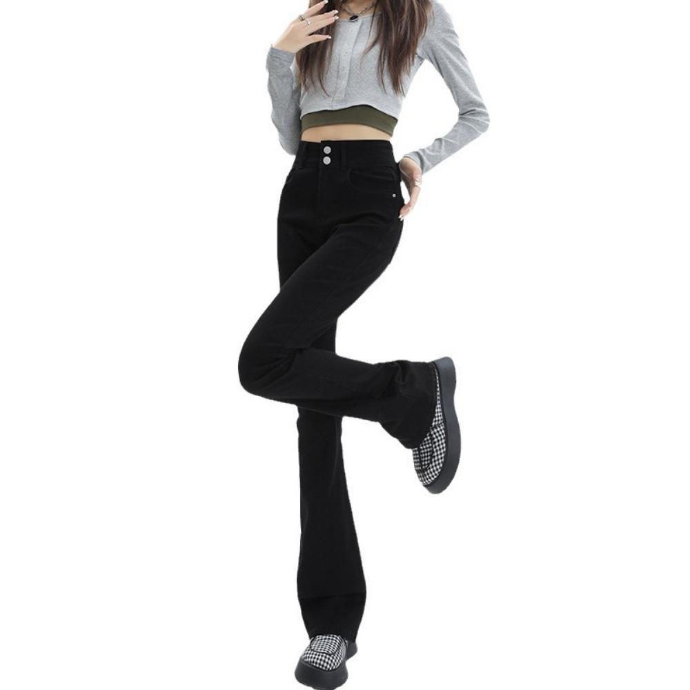 Korean version of double-buckle micro-flared jeans, new high-waisted and thin pear-shaped jeans in spring and autumn