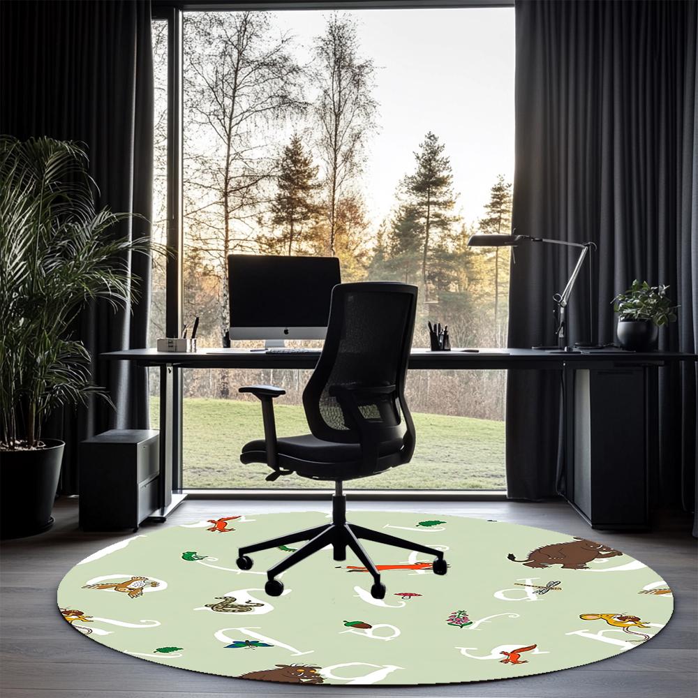 Kulatý koberec s potiskem Gruffalo, Koberec pod židli, Kusový koberec, Rohožka ke vchodu, pro kancelářskou židli, obývací pokoj, ložnici, kuchyň.