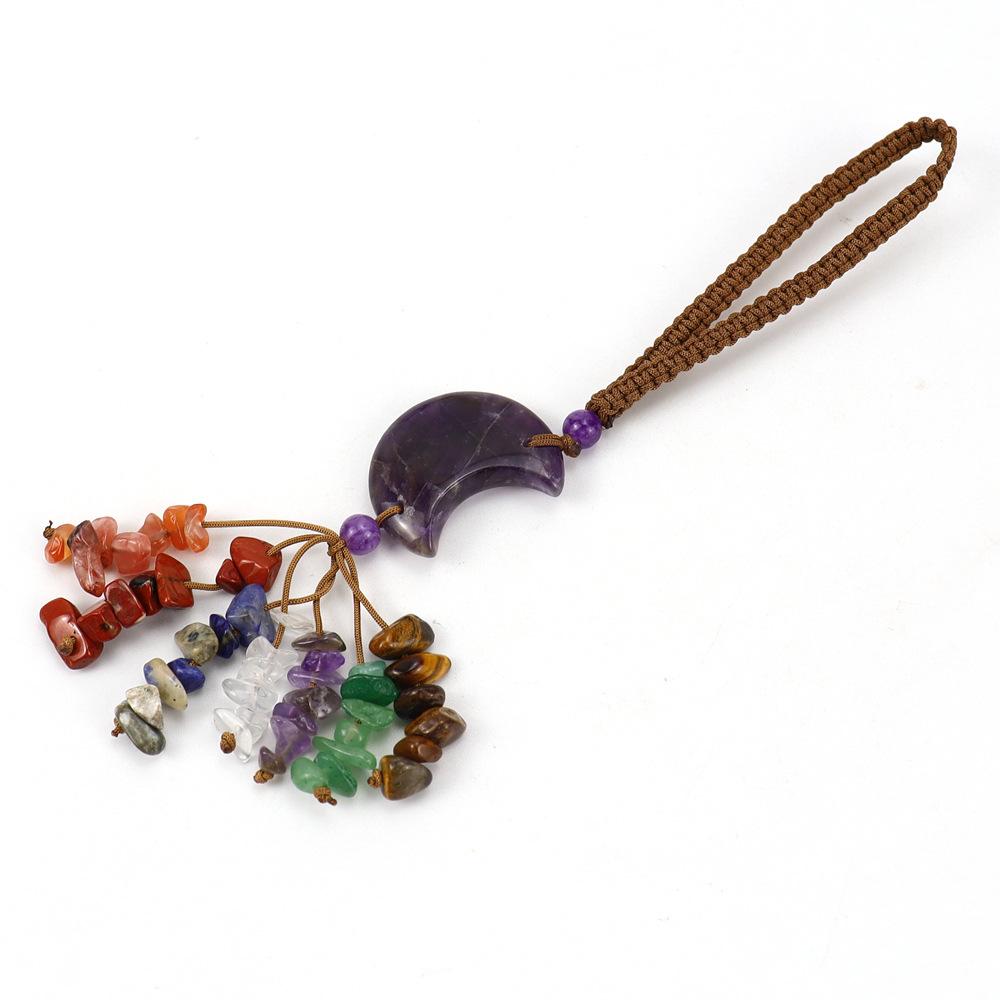 Handmade Woven Raw Crystal Moon Pendant Boho Multicolor Natural Stone Car Hanging Ornament Home Decor Gift for Her