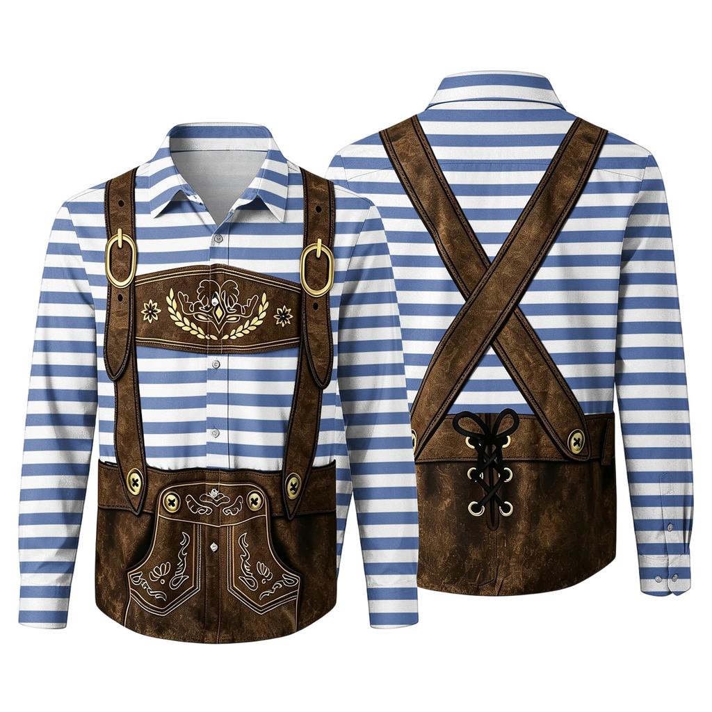 Herren Oktoberfest 3D-Druck Locker geschnitten Langarmhemd Button-Down-Kragen Lässig Vintage-Stil Atmungsaktives Hemd für Outdoor-Veranstaltungen und Partys