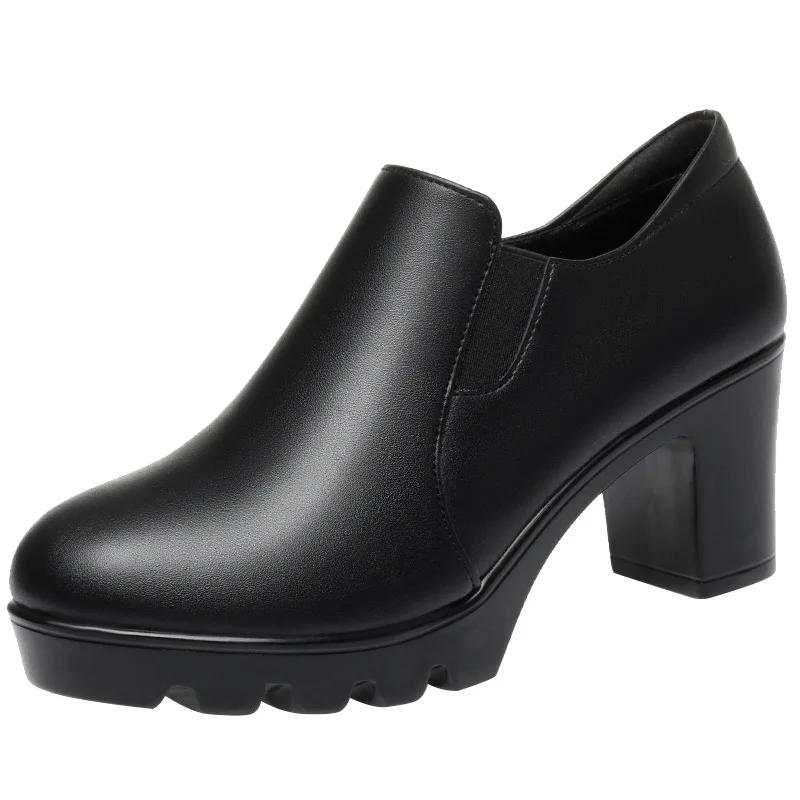 6.5cm 8.5cm Elegant Black Block High Heels Shoes Deep Mouth Spring 2025 Thick Platform Pumps Soft Leather for Office Model Work