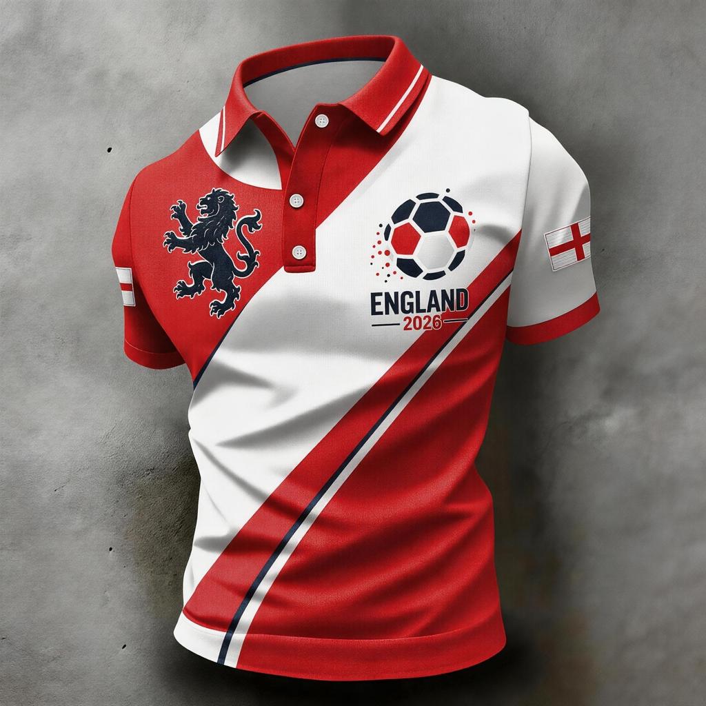 Men's Football Polo Shirt England Inspired Classic Fit Short Sleeve Sports Jersey Breathable Lightweight Fabric
